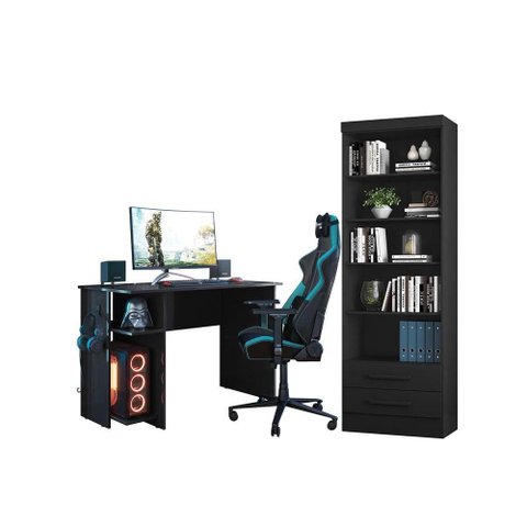 Escritório com Escrivaninha e Livreiro Multiuso 2 Gavetas Preto - Fdecor