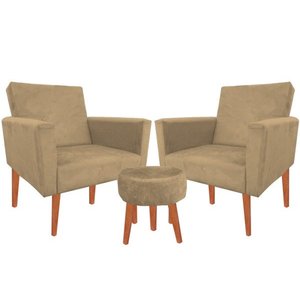 Kit 2 Poltrona Decorativa Nina e Puff Suede Capuccino