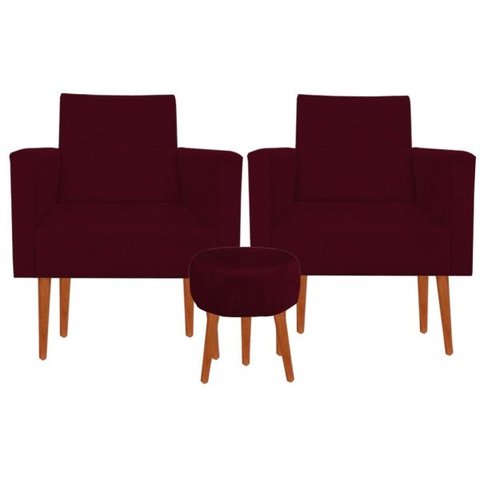 Kit 2 Poltrona Decorativa Nina e Puff Suede Bordo