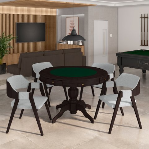 Conjunto Mesa de Jogos Carteado Bellagio Tampo Reversível Verde e 4 Cadeiras Madeira Poker Base Estr