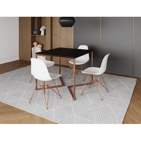 Mesa Industrial Base Ferro Cobre em V Tampo 90x90 Preto 4 Cadeiras Eames Ferro Assento Branco