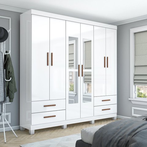 Guarda-Roupa 6 Portas 4 Gavetas com Espelho e Pés Genova Branco