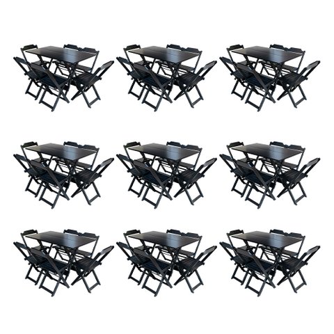 Kit 9 Conjuntos de Mesa Dobravel com 6 Cadeiras de Madeira 120x70 para Restaurante e Bar - Preto