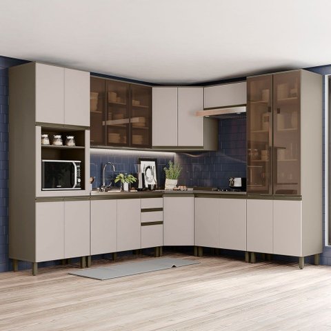 Cozinha Modulada Completa 08 Peças 100% MDF com Torre Quente e Cristaleira Connect Duna/Cristal