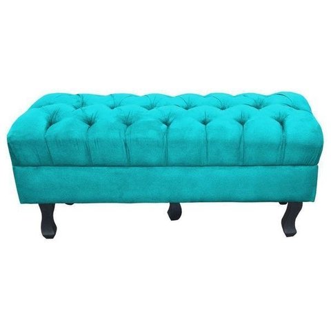 Puff Calçadeira Retrô 1,20 Metro Luis XV Capitonê Suede Azul Turquesa