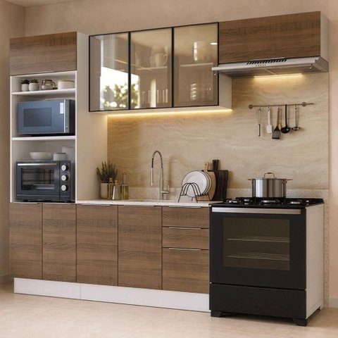 Cozinha Completa Stella 9 Portas MDP 270cm Branco e Marrom Madesa