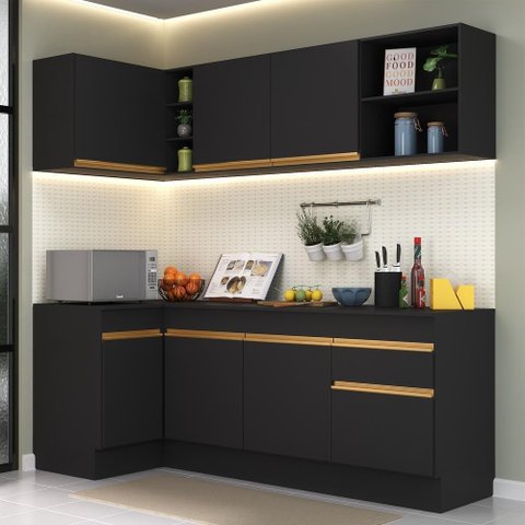 Cozinha Compacta de Canto com Rodapé Veneza Multimóveis MP2093 com Armário e Balcão Preta