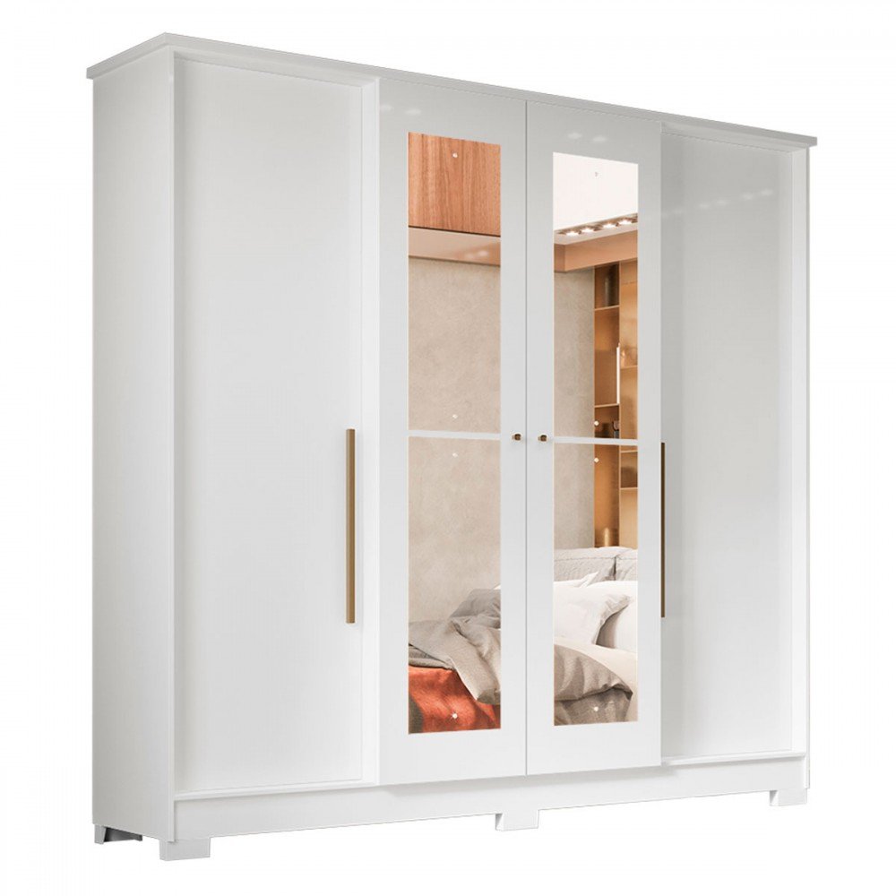 Guarda-roupa Casal Monaco 4 Portas 2 Gavetas com Espelho Branco