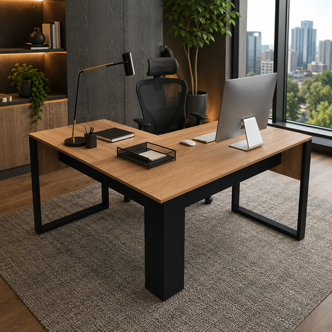 Mesa de Canto para Escritório em L 136cm Amendoa/Preto ME4181 - Tecno Mobili