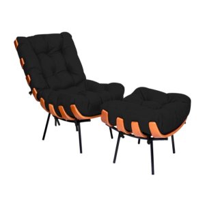 Poltrona com Puff Costela Corano Preto Base Metal Vallisa Decor