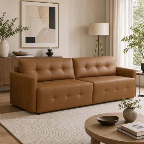 Sofá 4 Lugares para Sala de Estar Living 270cm Belluno L06 Couro Amêndoa - Lyam Decor