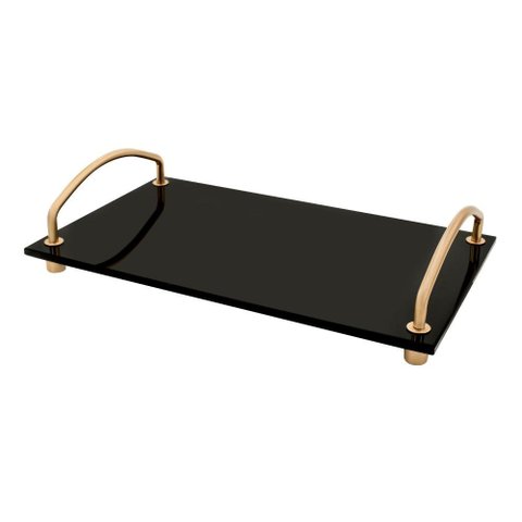 Bandeja Decorativa Base de Vidro Preto Alças Dourada 25x15cm Aparador Bancada Casa Cozinha Banheiro