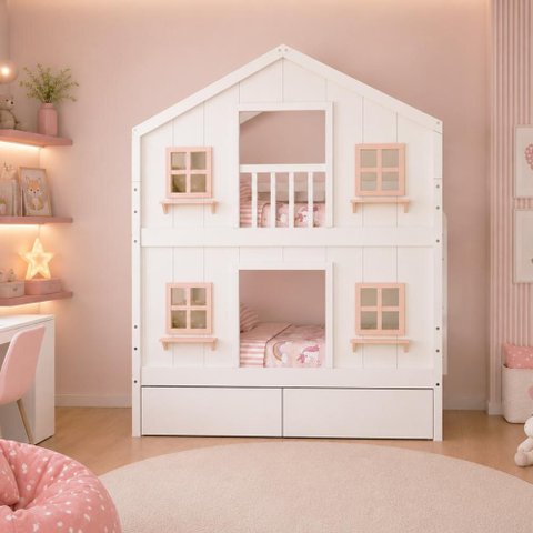 Beliche Infantil Casinha Dos Sonhos com Gavetas e Fechamento Inferior em Madeira Maciça Branco/Rosa