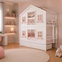 Ver imagem 2 de Beliche Infantil Casinha Dos Sonhos com Gavetas e Fechamento Inferior em Madeira Maciça Branco/Rosa