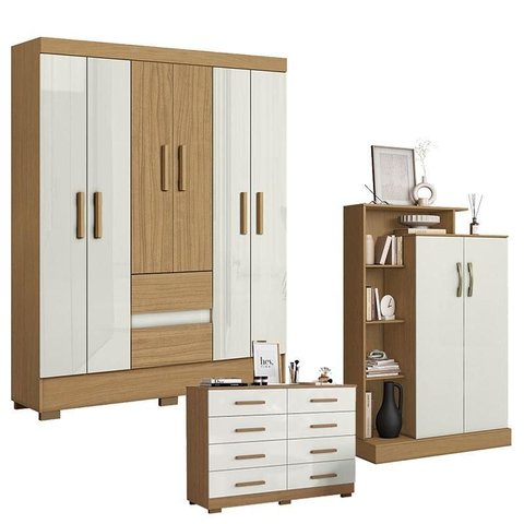 Guarda Roupa Casal Coimbra 2005138 com Cômoda 8 Gavetas 2014148 e Armário Multiuso Florença 2000199 