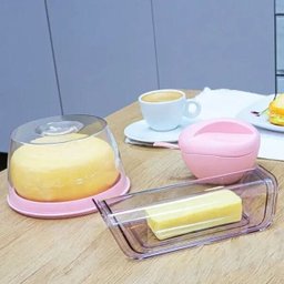 Kit Queijeira Acrílica + Manteigueira Transparente Rosa Uz com Nf - 2