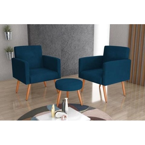Kit 2 Poltronas Decorativas e 1 Puff Dallas - Veludo Turkey Petroleo