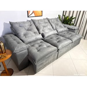Sofá Retrátil e Reclinável 2,70m em Tecido Veludão C/pillow Nos Braços Athenas:cinza/270cm
