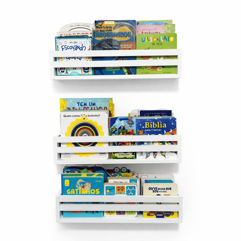 Kit com 3 Prateleiras para Livros 2 Ripas Decoração Quarto de Bebê MDF 55 cm
