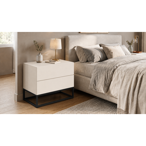 Mesa de Cabeceira Eros 60cm 2 Gavetas Branco Acabamento Fosco Estilo Industrial Pés de Ferro Preto