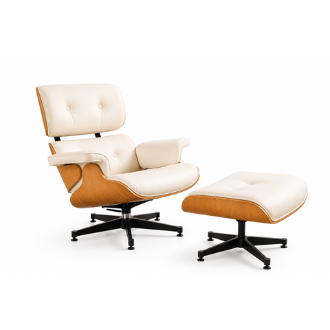 Poltrona Charles Eames com Puff  Couro Branco I Freijó