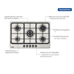 Cooktop À Gás Tramontina Penta Ff 5gx Tri 75 em Aço Inox e Trempes em Ferro Fundido 5 Queimadores - 4