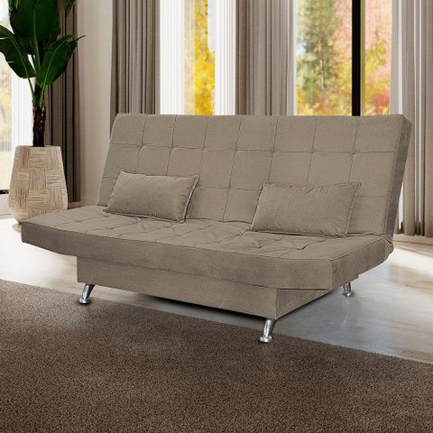 Sofá Cama Retrátil Reclinável 2 Lugares Gabriela com 2 Almofadas Suede Bege Escuro - Ninho Decor
