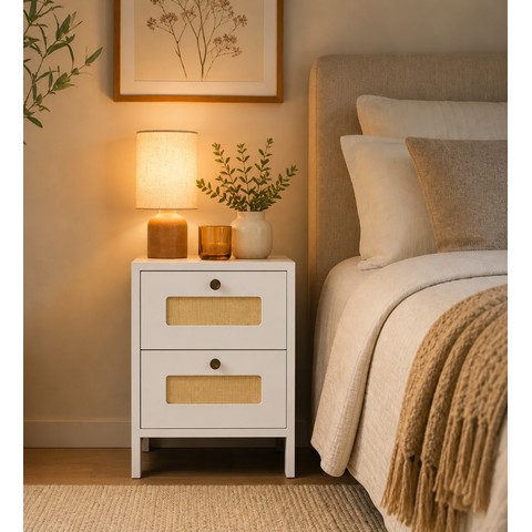 Mesa de Cabeceira Madeira 100% MDF, 2 Gavetas, Detalhe em Palhinha, Puxador Madeira