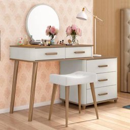 Penteadeira Retrô com Espelho e Banqueta Freijó Off White Maitê Fabri Móveis - 1