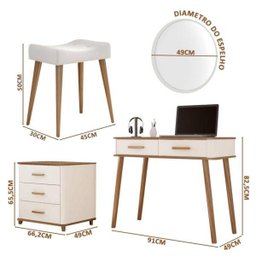 Penteadeira Retrô com Espelho e Banqueta Freijó Off White Maitê Fabri Móveis - 4