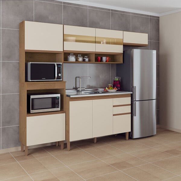 Cozinha Compacta com Balcão Armário Veneza 7 Portas 3 Gavetas 245cm MDP Canelato Off White - Clicklar