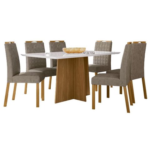 Mesa de Jantar Anitta 160x90 Cm com Vidro Ype Off White e 6 Cadeiras Mariana Ype Camurça Marrom – Ne