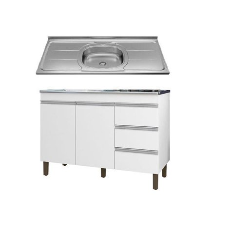 Balcão Karen + Pia 1,19m de Inox Peternella Branco Bigshop