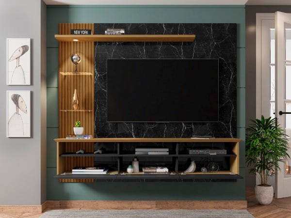 Painel TV até 60" Polegadas 3 Portas 2 Nichos Nero/Preto/Canela Móveis Bechara Trend 161x180x33 - 2