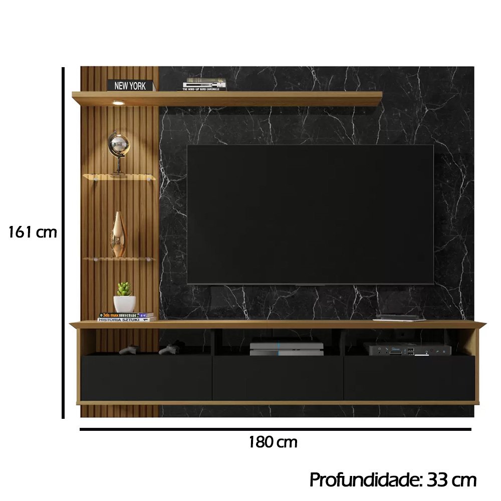 Painel TV até 60" Polegadas 3 Portas 2 Nichos Nero/Preto/Canela Móveis Bechara Trend 161x180x33 - 4