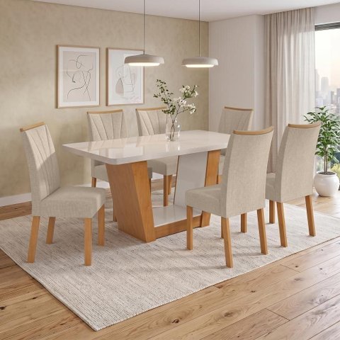 Conjunto Sala de Jantar Apogeu Maxi 6 Lugares Tampo MDF Linho Bege 170cm Móveis Lopas