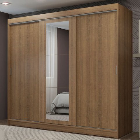Guarda-Roupa Casal Madesa Kansas 3 Portas de Correr com Espelho 3 Gavetas Rustic Cor:Rustic
