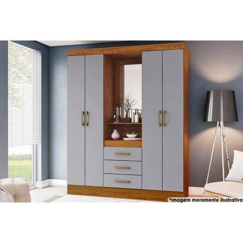Guarda Roupa Casal 4 Portas e 3 Gavetas C- 1 Espelho Briz B24 Nature-cinza - Henn