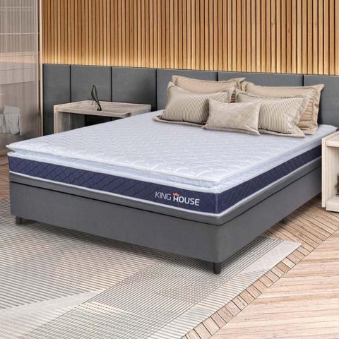 Conjunto Box Baú Cinza Durban Azul Espuma D28 Casal 138x188x64 - King House