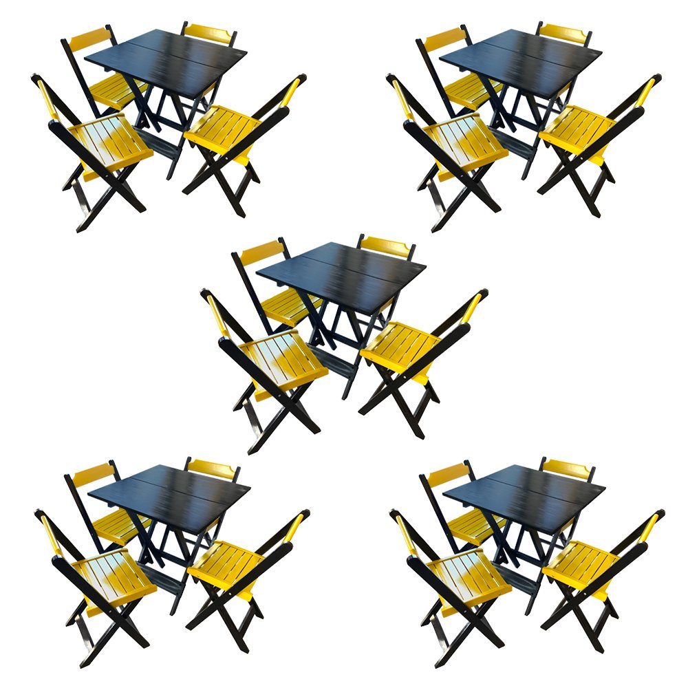 Kit 5 Mesas de Madeira Dobrável Preto 70x70 com 4 Cadeiras Dobráveis Amarelo - 1