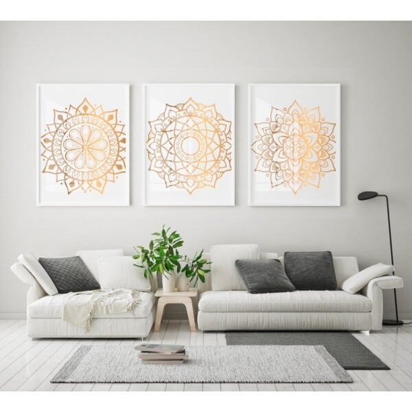 Folhas douradas trio Conjunto de quadros decorativos - ArteLinear!   Quadros modernos para sala, Decoração sala quadros, Quadros decorativos  para sala