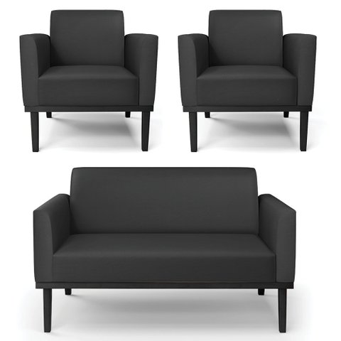 Sofá Namoradeira e 2 Poltronas Base Madeira Preto Maressa Sintético Preto - Ibiza