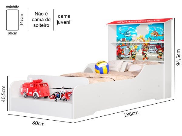 Cama Infantil Bombeiro com Prateleiras e Colchão - 3