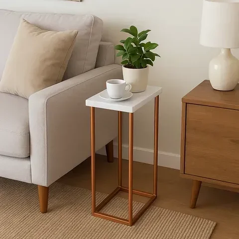 Mesa Lateral Quadrada em Mármore Paraná e Base de Ferro