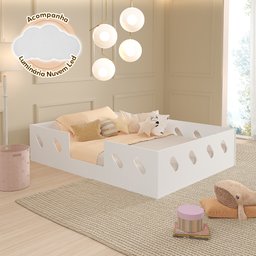 Cama Casal Montessoriana Infantil Helena Branca Acompanha Luminária Nuvem - 1