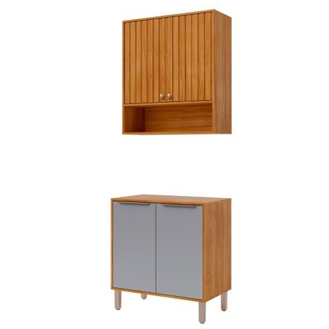 Armário Aéreo com Balcão Divina 80 Cm para Cozinha 4 Portas Cinamomo/platina