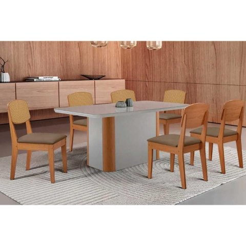 Sala Jantar Mesa Pietá Tampo C/ Vidro Curvo 180cm+6 Cadeiras Havana Naturale/off White - Suede