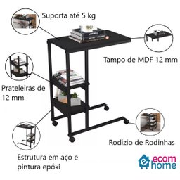 Mesa Auxiliar Fit Preta Para Sofá  Com Rodinhas Notebook - 3