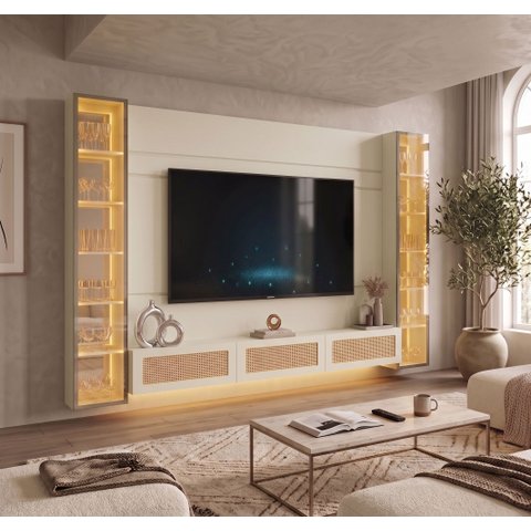 Estante Home para TV até 85 Polegadas com LED e Vidro Reflecta 100% MDF 217,6CMX293,4cm Luminare Native Off White