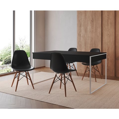Mesa Jantar Industrial Retangular Filadélfia Preta 137x90cm Base Ferro Branco com 4 Cadeiras Pretas